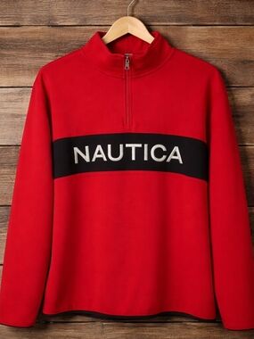 Nautica Men’s Red Zip-Up Fleece Pullover with Black Chest Band XL